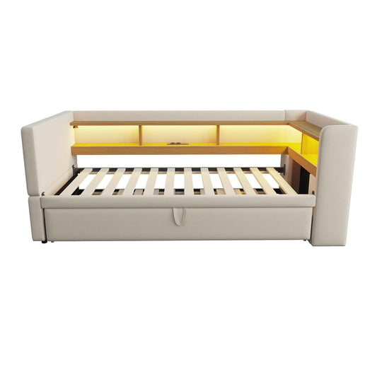 Polsterbett ausziehbar 90/180x190cm, LED & Steckdosen, Ablagen, Tagesbett, Funktionsbett, Gästebett, Flannelette, Beige, ohne Matratze