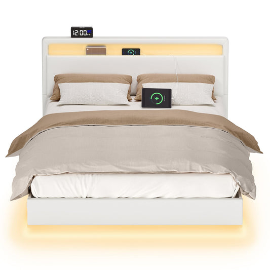 VASAGLE Doppelbett 140x200cm, LED-Beleuchtung, schwebender Effekt, hohes Kopfteil, Ladestation, modernes Design, Wolkenweiß