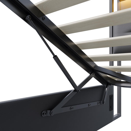 Polsterbett 160x200cm, LED Doppelbett mit Stauraum, Kopfteil mit USB-C, hydraulisch, Lattenrost, PU-Oberfläche, Schwarz, ohne Matratze