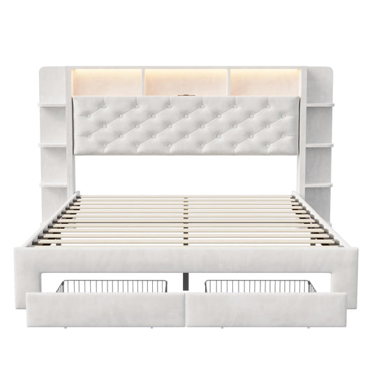Bett mit 2 Schubladen, LED & USB, Doppelbett 160x200cm, gepolstert, Velours, Stauraum, Eisenrahmen, ohne Matratze, E Weiß