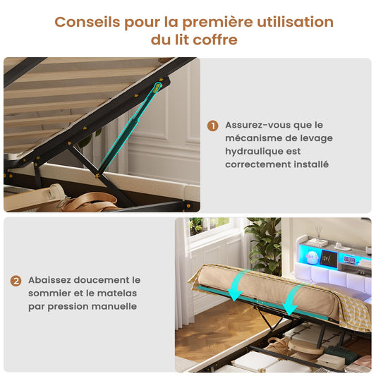 Polsterbett 140x190cm, hydraulisches Stauraumbett mit LED, USB & Type-C, Lattenrost, Leinenstoff, Doppelbett, ohne Matratze, Beige