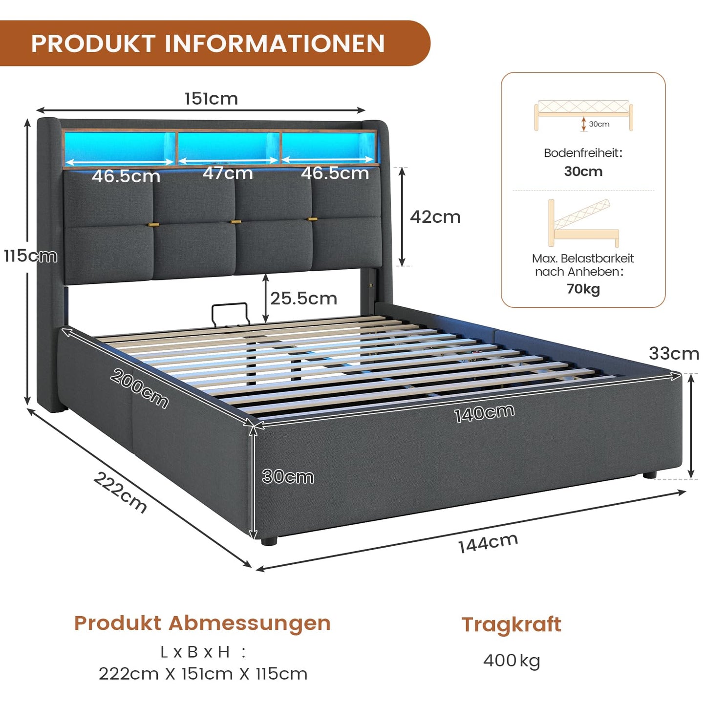 DICTAC Polsterbett 140x200cm, hydraulischer Stauraum, LED & Steckdosen, Lattenrost & Bettkasten, Doppelbett mit USB & Kopfteil, Dunkelgrau