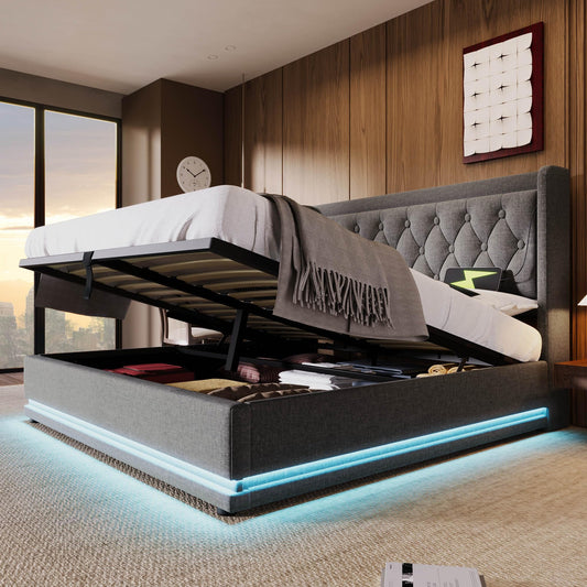 Polsterbett 180x200cm, LED Doppelbett mit Stauraum, Lattenrost, Kopfteil mit USB-C, hydraulisch, Funktionsbett, Grau, ohne Matratze