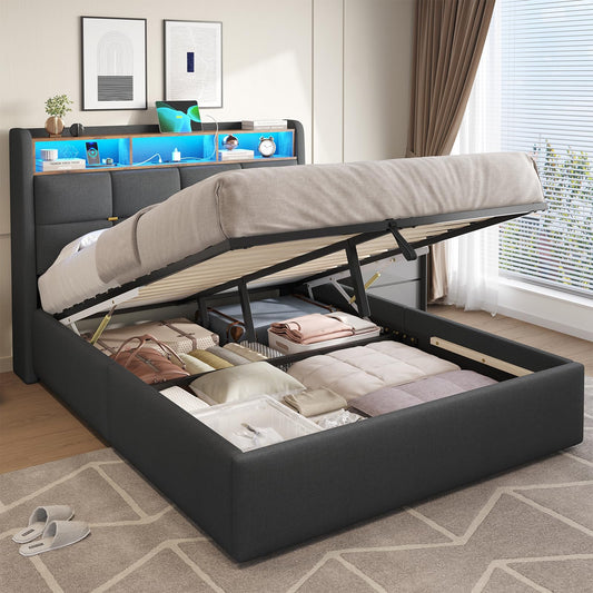 DICTAC Polsterbett 140x200cm, hydraulischer Stauraum, LED & Steckdosen, Lattenrost & Bettkasten, Doppelbett mit USB & Kopfteil, Dunkelgrau