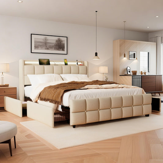 XMETPR Doppelbett 160x200cm, Polster, 4 Schubladen, LED & 2 USB + 2 AC-Ladestationen, Holzlattenrost, Leinenstoff, Plattformbett, Beige