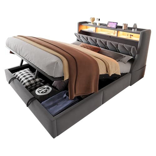 Polsterbett 180x200cm, LED & USB, Kopfteil umklappbar, Stauraum, Lattenrost, hydraulisch, Samtstoff, Doppelbett, Jugendbett, Grau