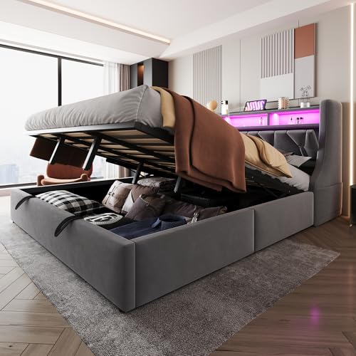 Polsterbett 180x200cm, LED & USB, Kopfteil umklappbar, Stauraum, Lattenrost, hydraulisch, Samtstoff, Doppelbett, Jugendbett, Grau