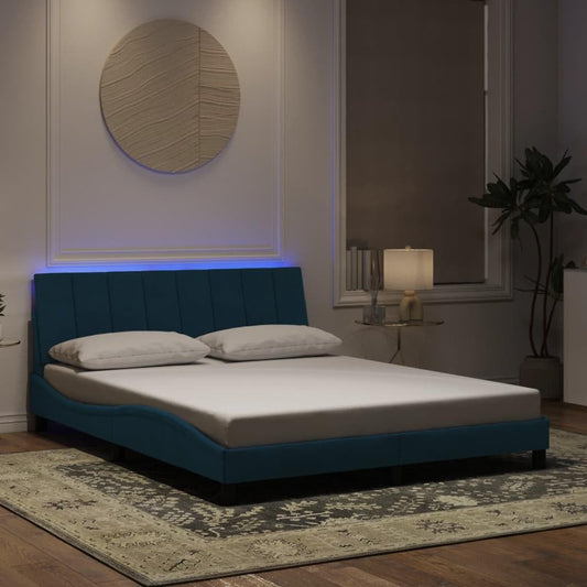 vidaXL Bettgestell Hanko, Doppelbett mit LED, ohne Matratze, Wellenlattenrost, Samt, Schlafzimmer, 160x200cm, Blau