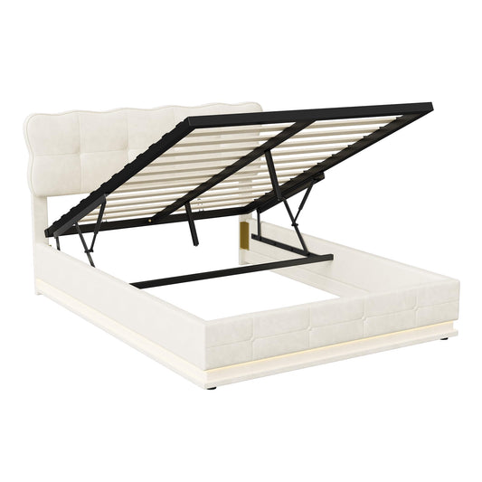 Polsterbett 140x200cm, LED Doppelbett mit Stauraum, Lattenrost, hydraulisch, Bettkasten, Kopfteil, Rückenlehne, Funktionsbett, Samt, Beige