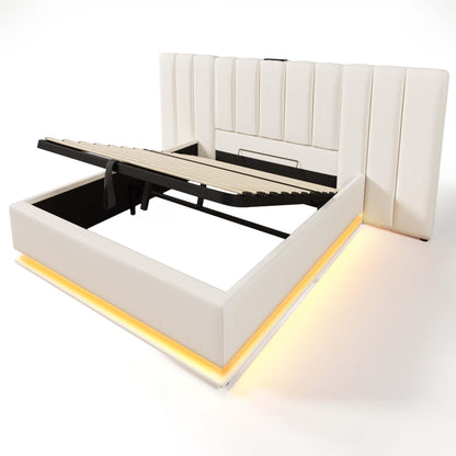 Moimhear Polsterbett 180x200cm, Doppelbett mit Stauraum, LED & USB-C, PU, Lattenrost, ohne Matratze, inkl. Nachttisch, Weiß