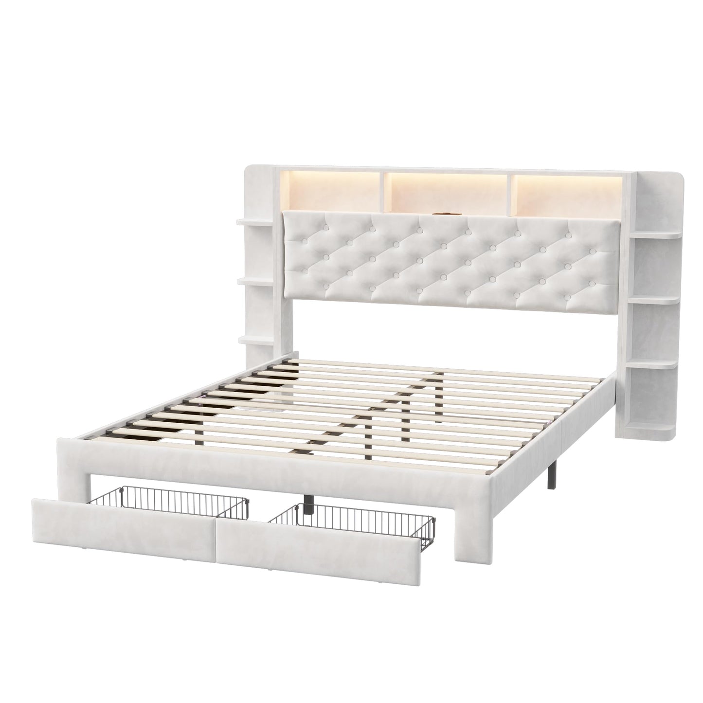 Bett mit 2 Schubladen, LED & USB, Doppelbett 160x200cm, gepolstert, Velours, Stauraum, Eisenrahmen, ohne Matratze, E Weiß
