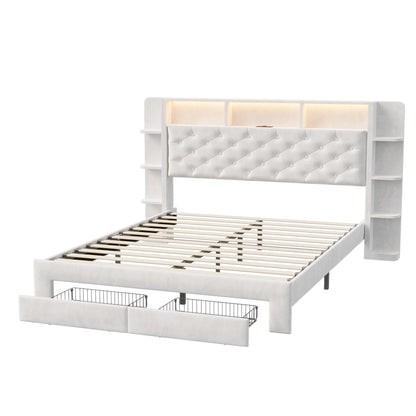Bett mit 2 Schubladen, LED & USB, Doppelbett 160x200cm, gepolstert, Velours, Stauraum, Eisenrahmen, ohne Matratze, E Weiß