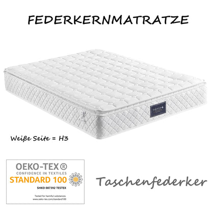DEKKETO Boxspringbett 140x200cm, Polster, LED Kopfteil & Fußende, 2 USB, hydraulischer Stauraum, Rückenlehne, inkl. Matratze, Grau
