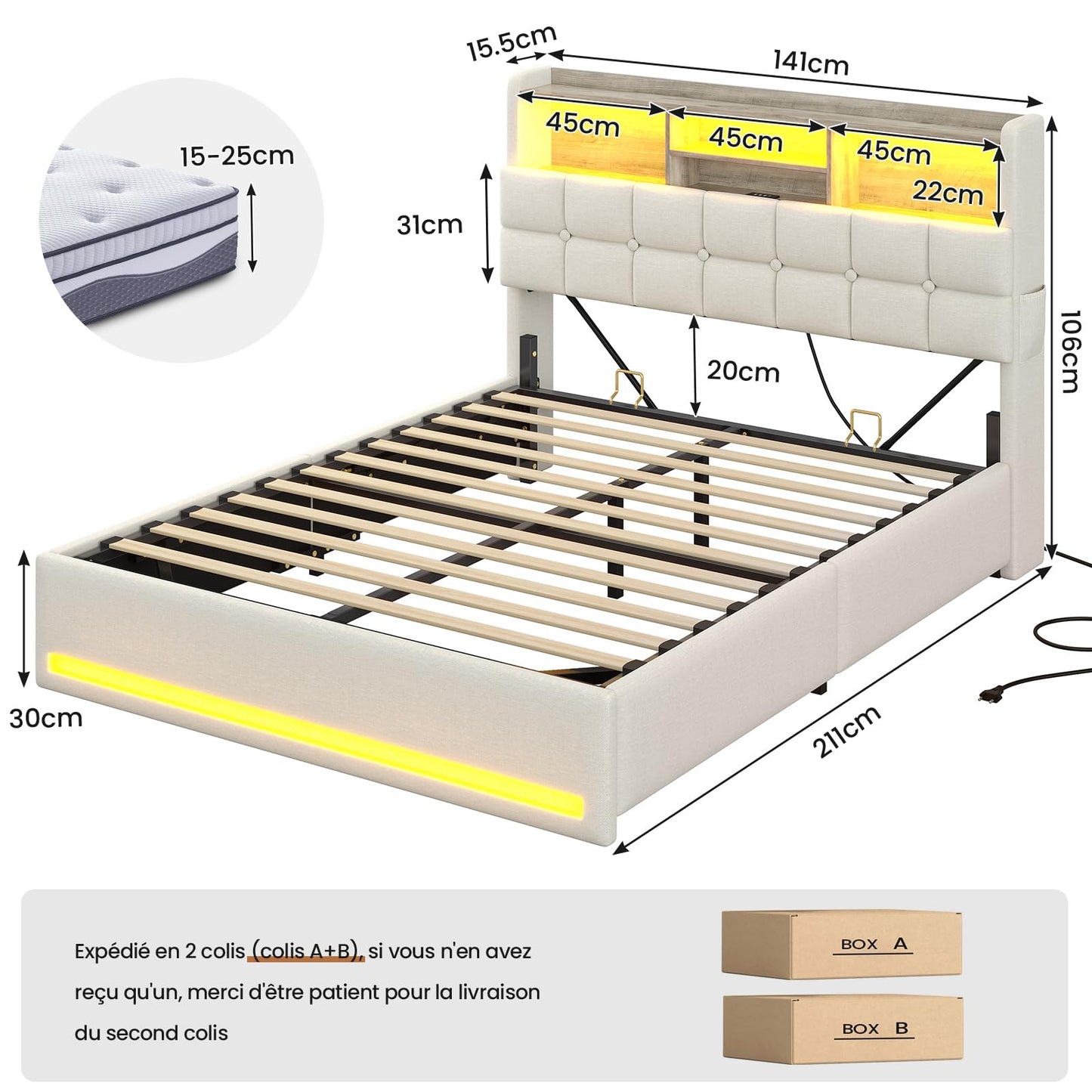 Polsterbett 140x190cm, hydraulisches Stauraumbett mit LED, USB & Type-C, Lattenrost, Leinenstoff, Doppelbett, ohne Matratze, Beige
