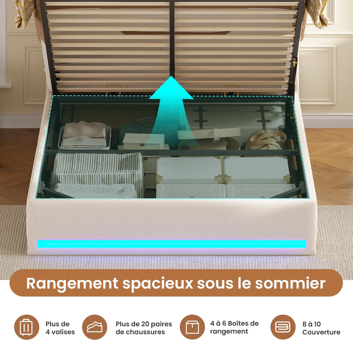 Polsterbett 140x190cm, hydraulisches Stauraumbett mit LED, USB & Type-C, Lattenrost, Leinenstoff, Doppelbett, ohne Matratze, Beige