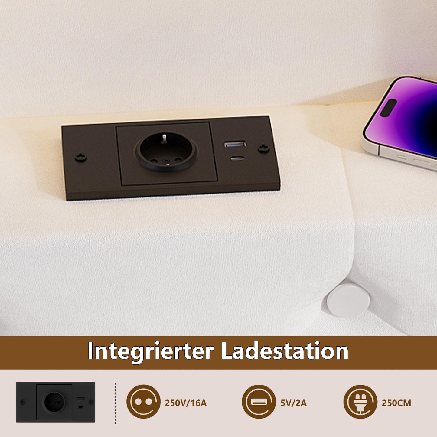 Bett mit 2 Schubladen, LED & USB, Doppelbett 160x200cm, gepolstert, Velours, Stauraum, Eisenrahmen, ohne Matratze, E Weiß