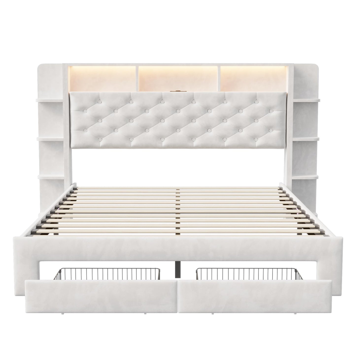 Bett mit 2 Schubladen, LED & USB, Doppelbett 160x200cm, gepolstert, Velours, Stauraum, Eisenrahmen, ohne Matratze, E Weiß
