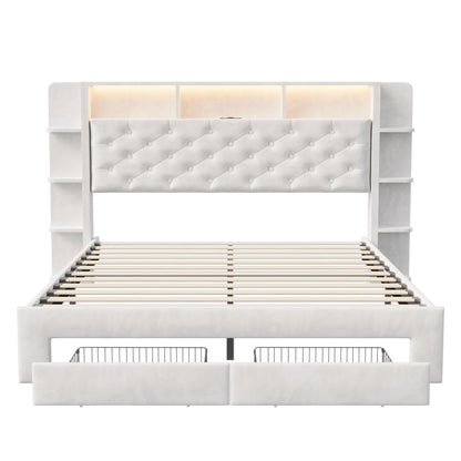 Bett mit 2 Schubladen, LED & USB, Doppelbett 160x200cm, gepolstert, Velours, Stauraum, Eisenrahmen, ohne Matratze, E Weiß