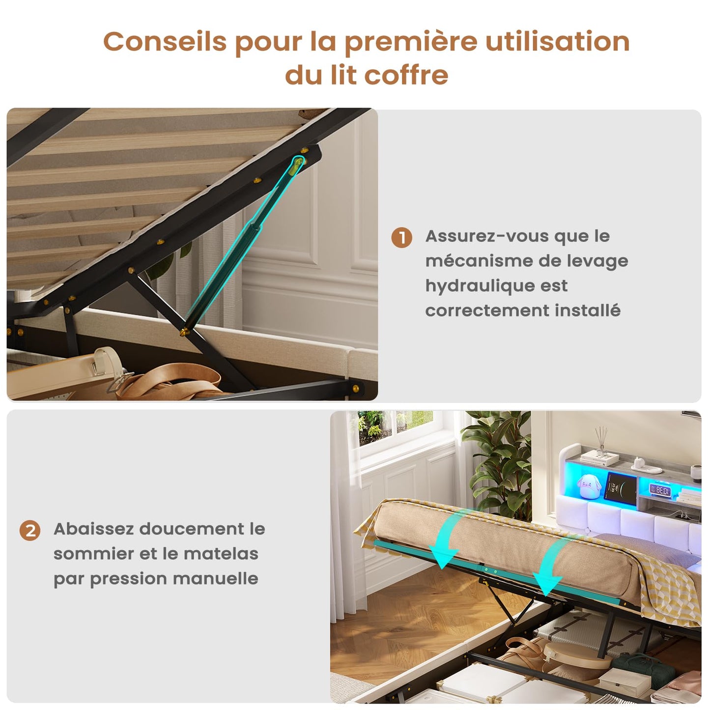 Polsterbett 140x190cm, hydraulisches Stauraumbett mit LED, USB & Type-C, Lattenrost, Leinenstoff, Doppelbett, ohne Matratze, Beige