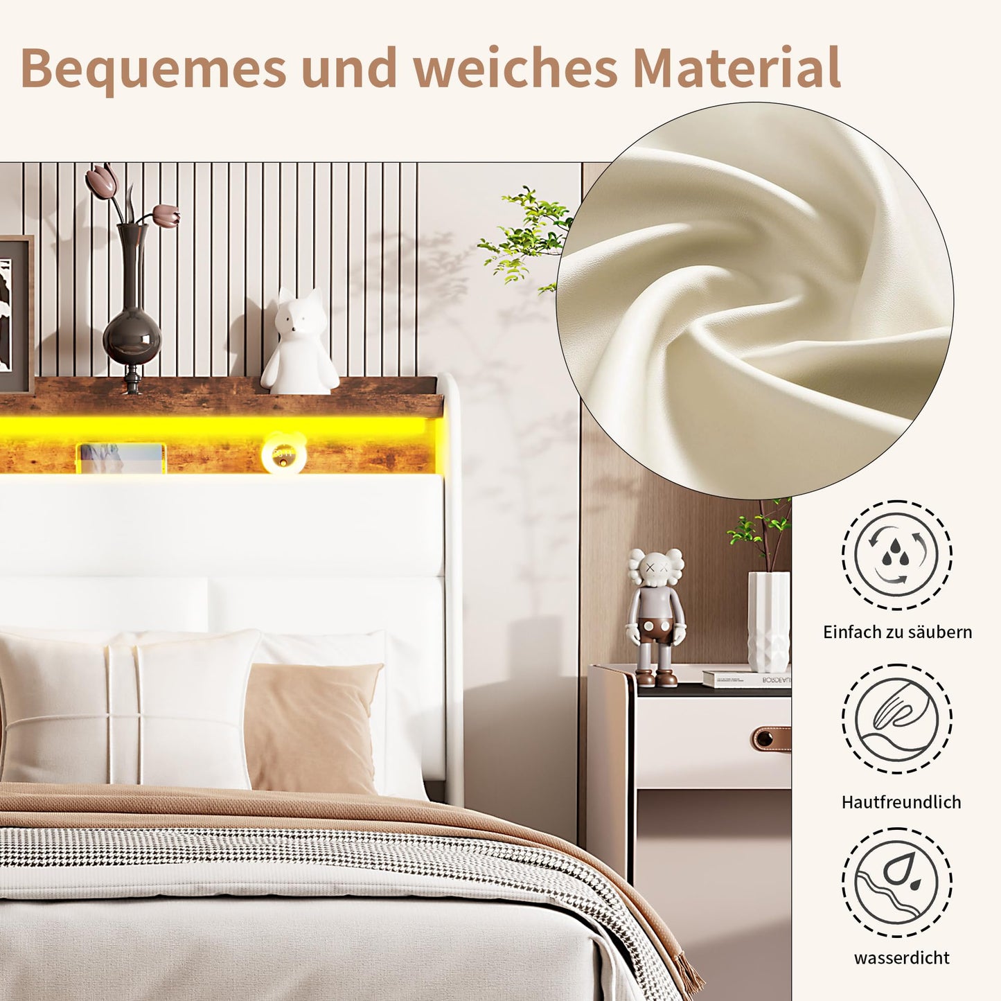 BPKADHY Polsterbett 160x200cm, LED Doppelbett mit Stauraum & Lattenrost, Kopfteil mit Staufach, hydraulisch, PU Weiß