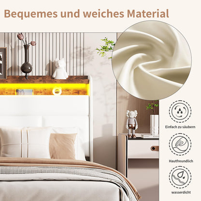 BPKADHY Polsterbett 160x200cm, LED Doppelbett mit Stauraum & Lattenrost, Kopfteil mit Staufach, hydraulisch, PU Weiß