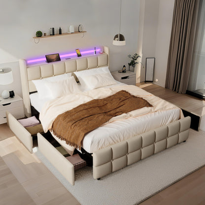 XMETPR Doppelbett 160x200cm, Polster, 4 Schubladen, LED & 2 USB + 2 AC-Ladestationen, Holzlattenrost, Leinenstoff, Plattformbett, Beige
