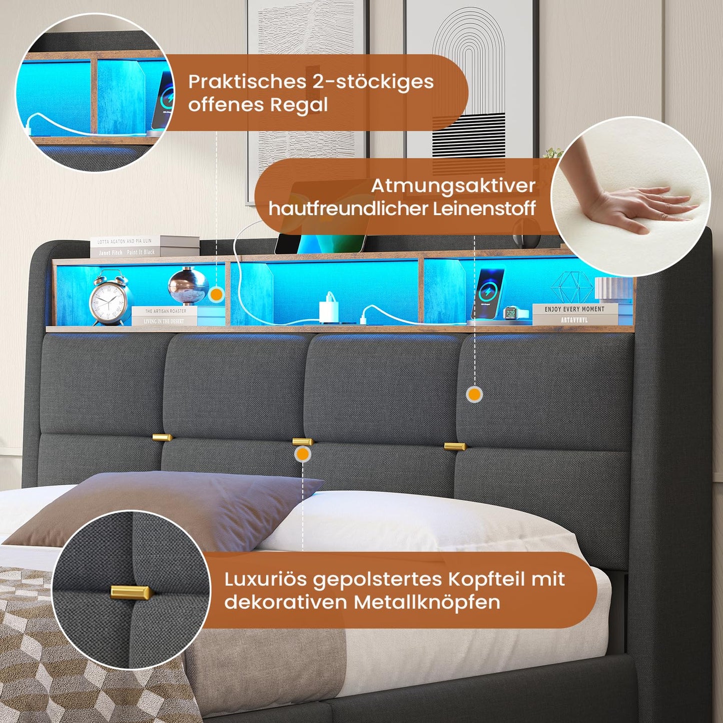 DICTAC Polsterbett 140x200cm, hydraulischer Stauraum, LED & Steckdosen, Lattenrost & Bettkasten, Doppelbett mit USB & Kopfteil, Dunkelgrau