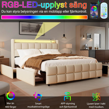 XMETPR Doppelbett 160x200cm, Polster, 4 Schubladen, LED & 2 USB + 2 AC-Ladestationen, Holzlattenrost, Leinenstoff, Plattformbett, Beige