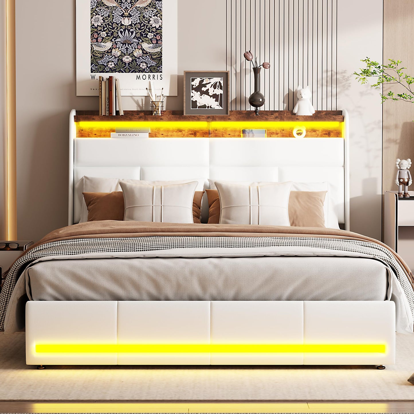 BPKADHY Polsterbett 160x200cm, LED Doppelbett mit Stauraum & Lattenrost, Kopfteil mit Staufach, hydraulisch, PU Weiß