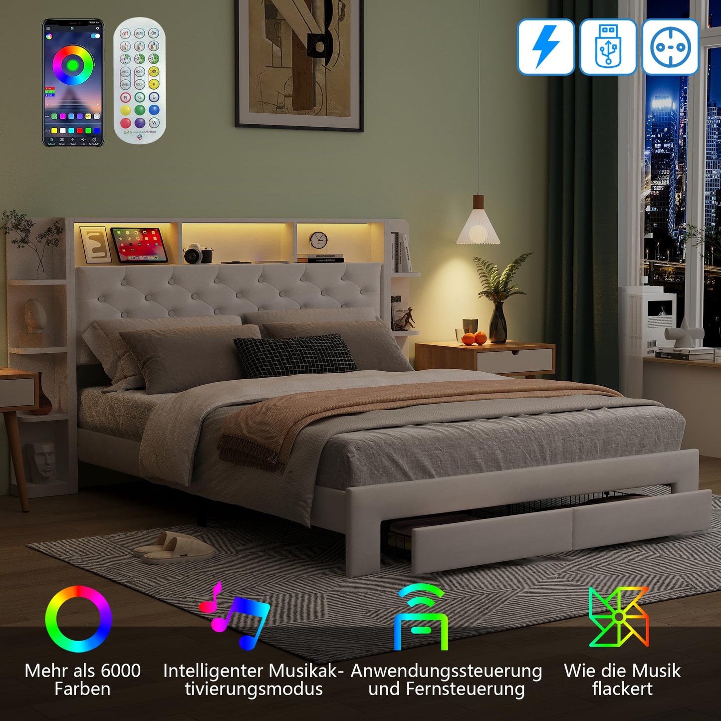 Bett mit 2 Schubladen, LED & USB, Doppelbett 160x200cm, gepolstert, Velours, Stauraum, Eisenrahmen, ohne Matratze, E Weiß