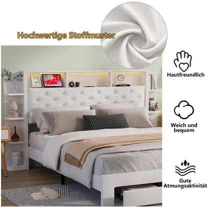 Bett mit 2 Schubladen, LED & USB, Doppelbett 160x200cm, gepolstert, Velours, Stauraum, Eisenrahmen, ohne Matratze, E Weiß