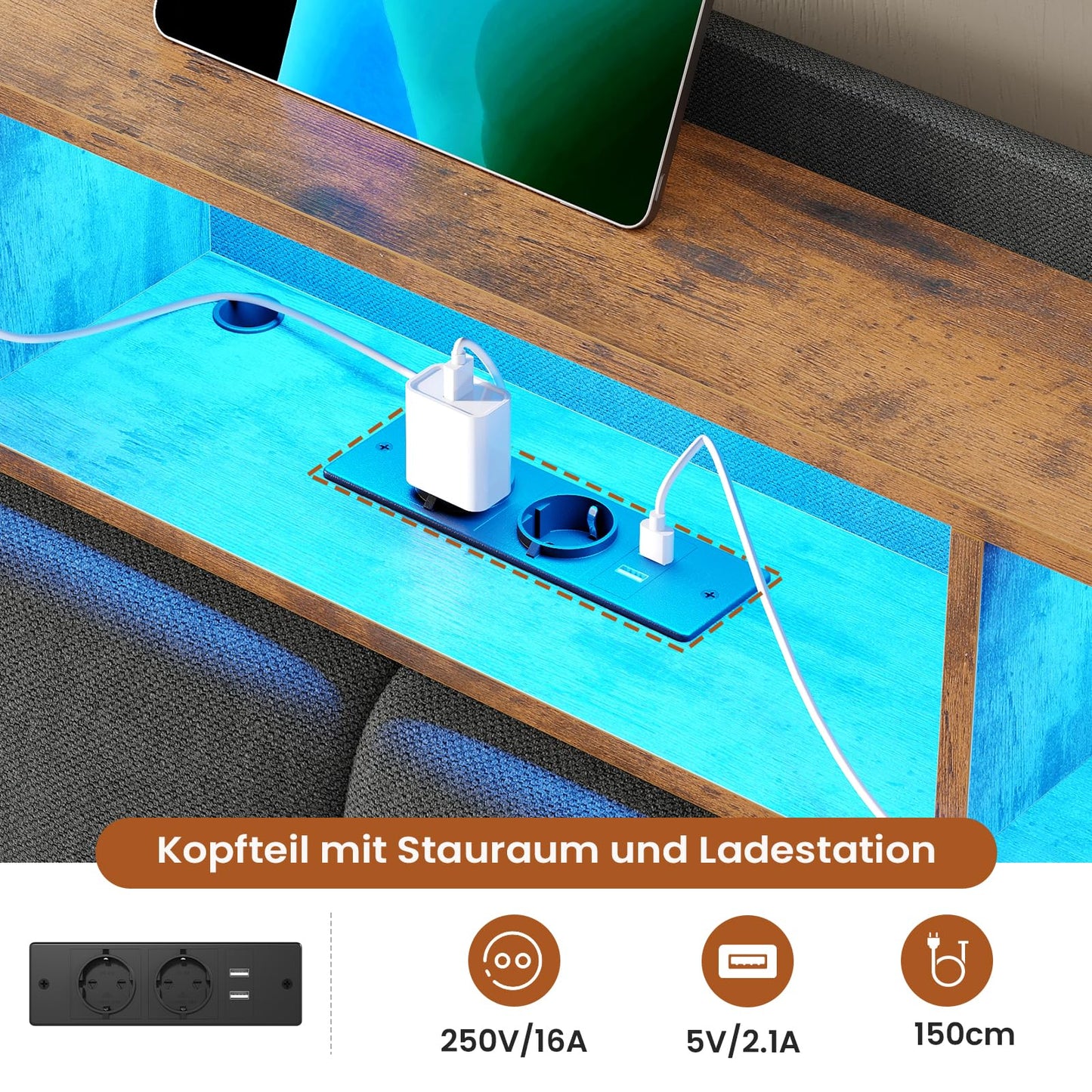 DICTAC Polsterbett 140x200cm, hydraulischer Stauraum, LED & Steckdosen, Lattenrost & Bettkasten, Doppelbett mit USB & Kopfteil, Dunkelgrau