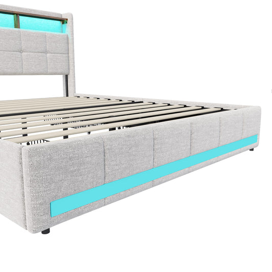 Polsterbett 140x200cm, LED Doppelbett mit 4 Schubladen, Lattenrost, Kopfteil mit Stauraum & USB, Funktionsbett, Leinen, Beige