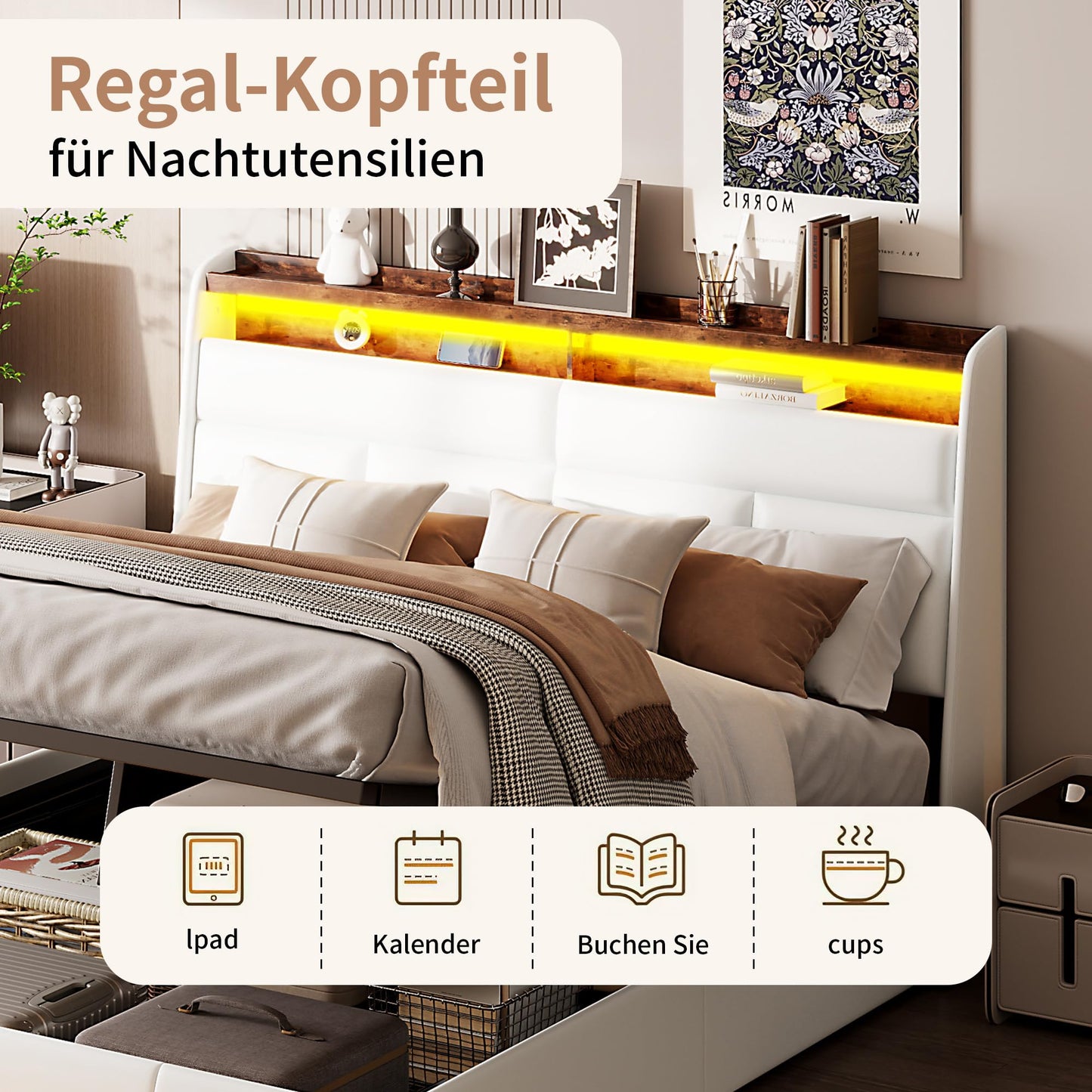 BPKADHY Polsterbett 160x200cm, LED Doppelbett mit Stauraum & Lattenrost, Kopfteil mit Staufach, hydraulisch, PU Weiß