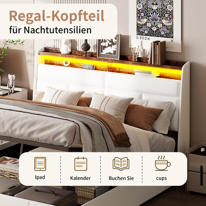 BPKADHY Polsterbett 160x200cm, LED Doppelbett mit Stauraum & Lattenrost, Kopfteil mit Staufach, hydraulisch, PU Weiß