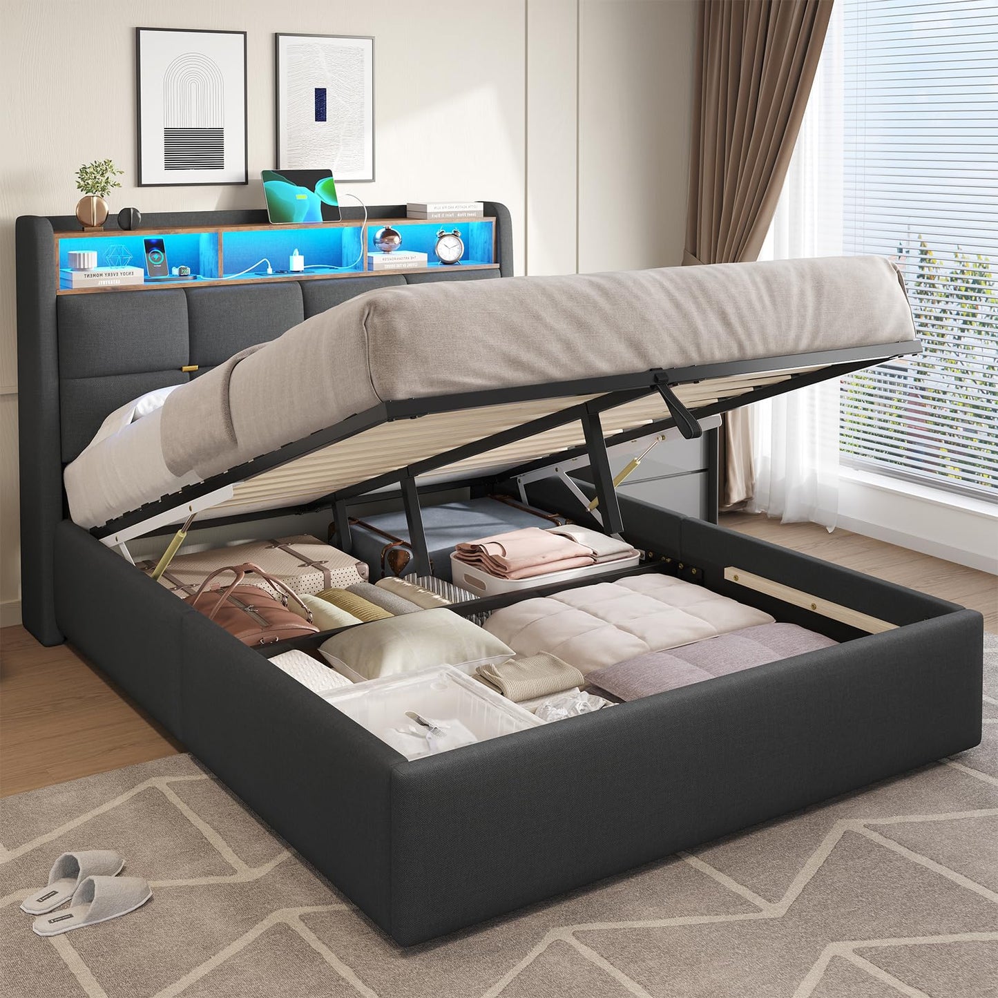 DICTAC Polsterbett 140x200cm, hydraulischer Stauraum, LED & Steckdosen, Lattenrost & Bettkasten, Doppelbett mit USB & Kopfteil, Dunkelgrau