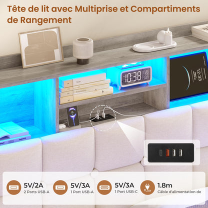 Polsterbett 140x190cm, hydraulisches Stauraumbett mit LED, USB & Type-C, Lattenrost, Leinenstoff, Doppelbett, ohne Matratze, Beige