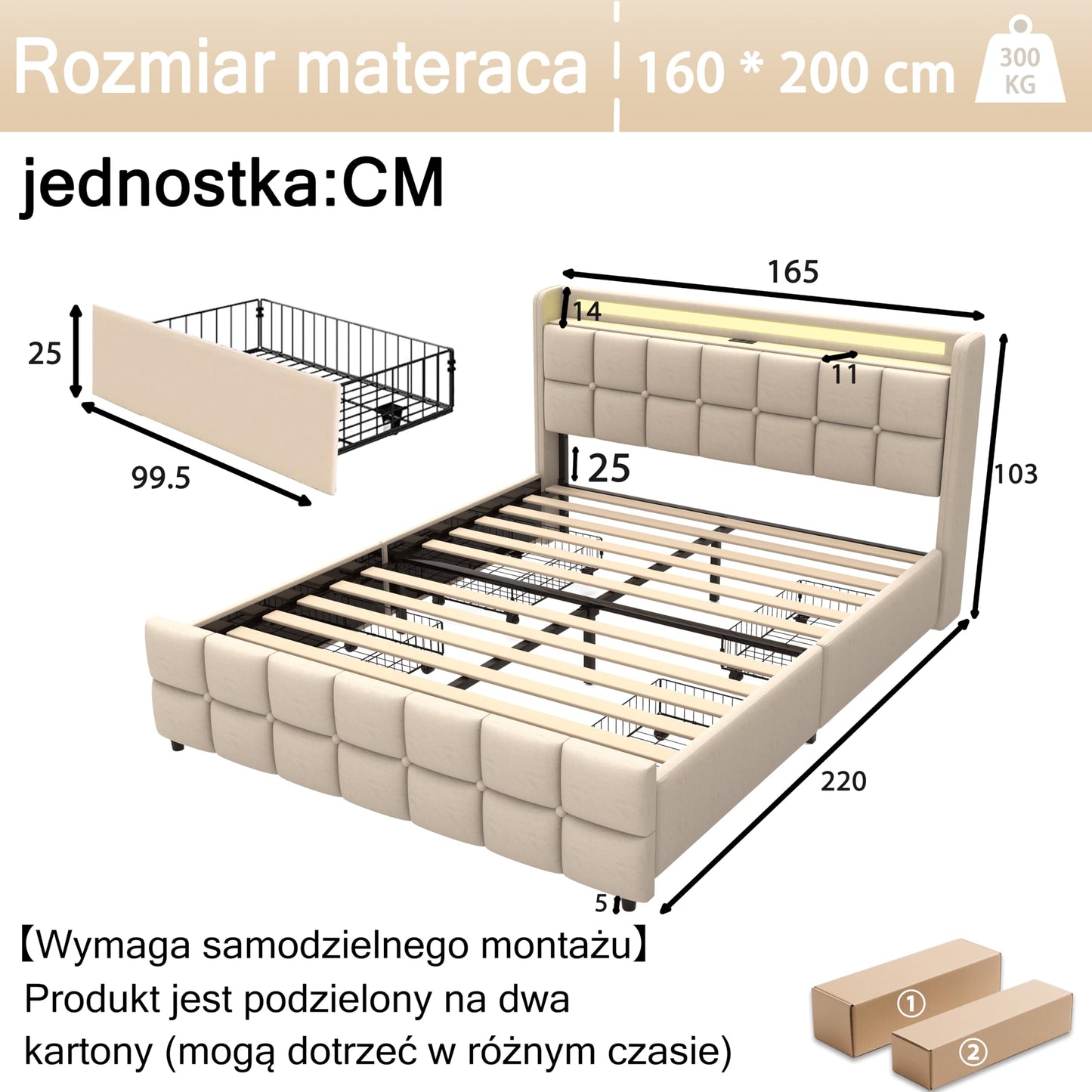 XMETPR Doppelbett 160x200cm, Polster, 4 Schubladen, LED & 2 USB + 2 AC-Ladestationen, Holzlattenrost, Leinenstoff, Plattformbett, Beige