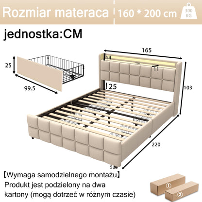 XMETPR Doppelbett 160x200cm, Polster, 4 Schubladen, LED & 2 USB + 2 AC-Ladestationen, Holzlattenrost, Leinenstoff, Plattformbett, Beige