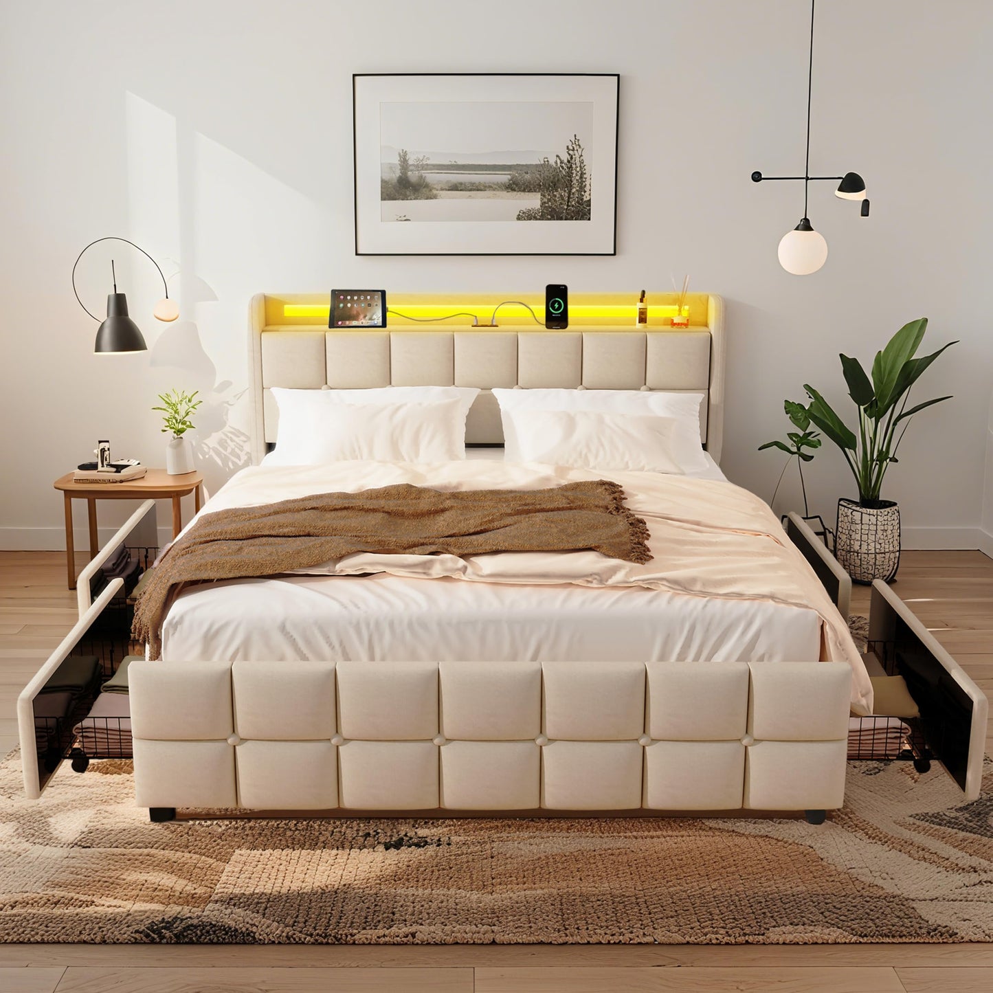 XMETPR Doppelbett 160x200cm, Polster, 4 Schubladen, LED & 2 USB + 2 AC-Ladestationen, Holzlattenrost, Leinenstoff, Plattformbett, Beige