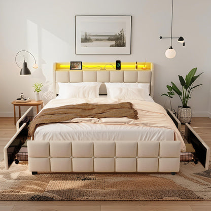 XMETPR Doppelbett 160x200cm, Polster, 4 Schubladen, LED & 2 USB + 2 AC-Ladestationen, Holzlattenrost, Leinenstoff, Plattformbett, Beige