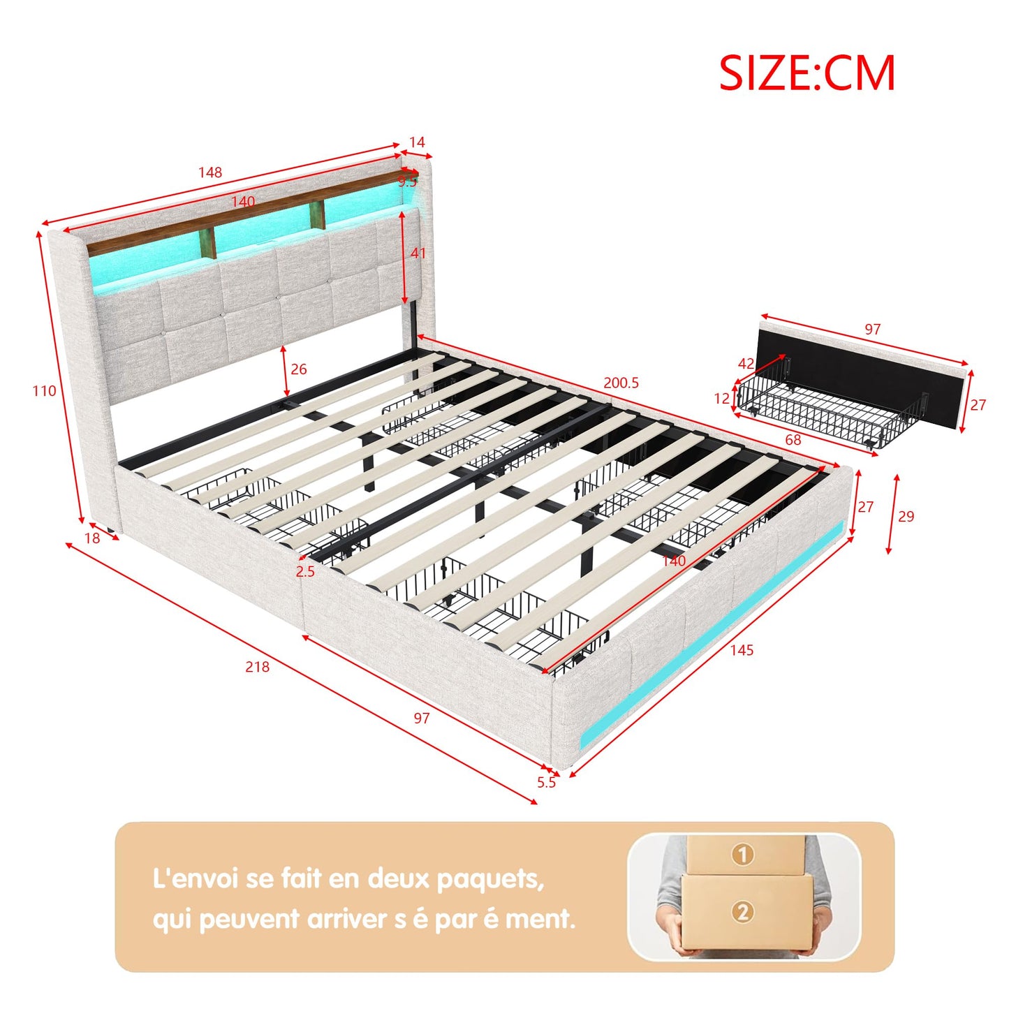 Polsterbett 140x200cm, LED Doppelbett mit 4 Schubladen, Lattenrost, Kopfteil mit Stauraum & USB, Funktionsbett, Leinen, Beige