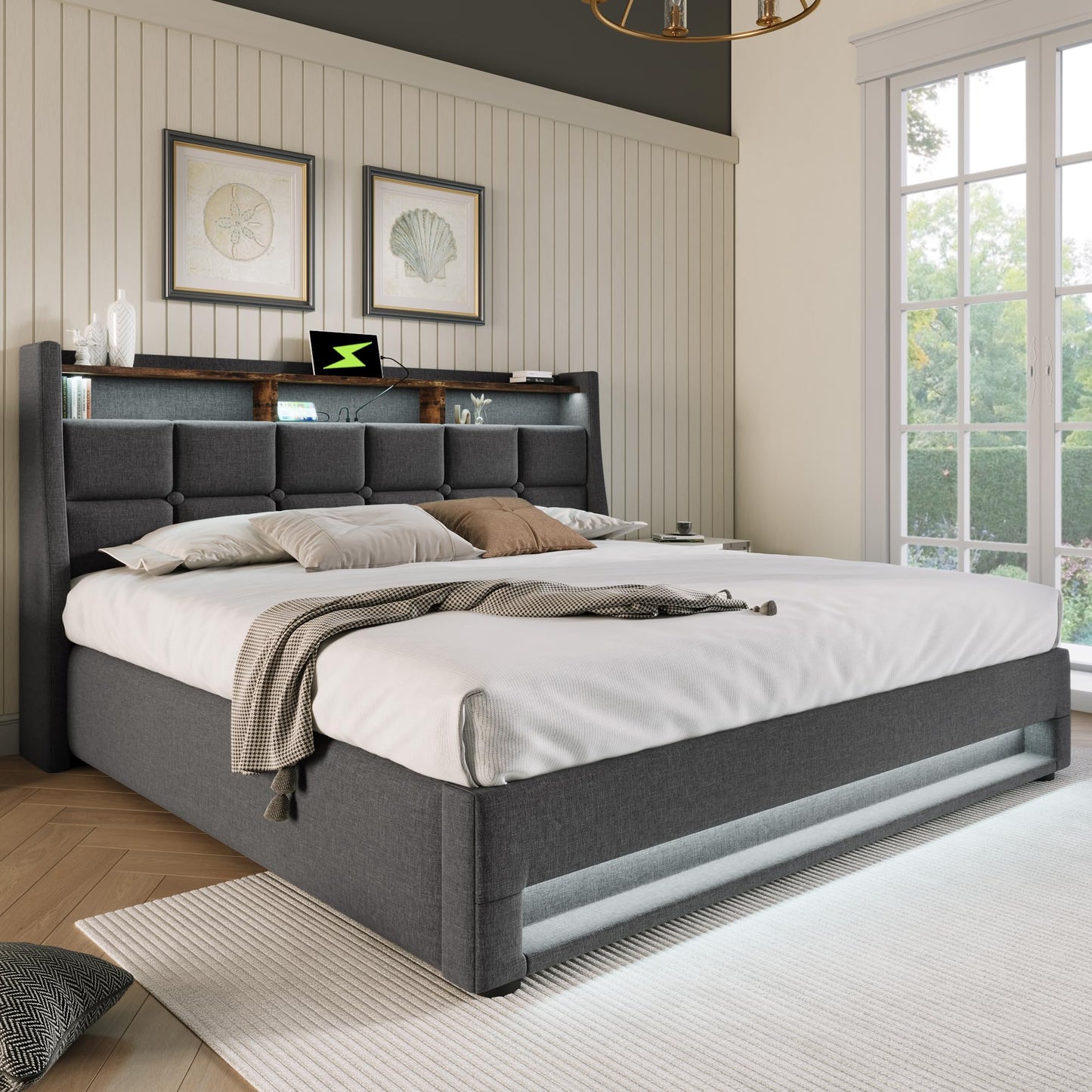 DEKKETO Boxspringbett 140x200cm, Polster, LED Kopfteil & Fußende, 2 USB, hydraulischer Stauraum, Rückenlehne, inkl. Matratze, Grau