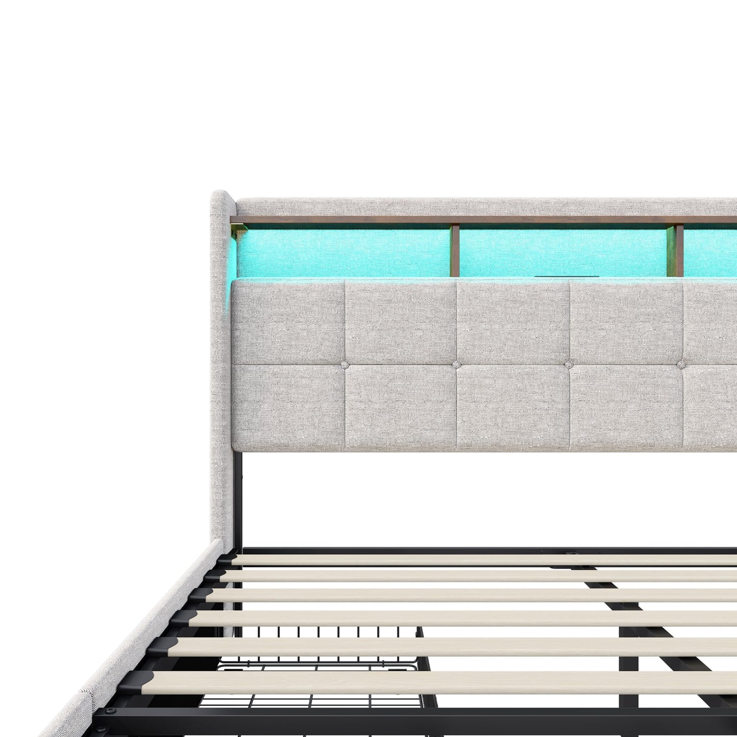 Polsterbett 140x200cm, LED Doppelbett mit 4 Schubladen, Lattenrost, Kopfteil mit Stauraum & USB, Funktionsbett, Leinen, Beige