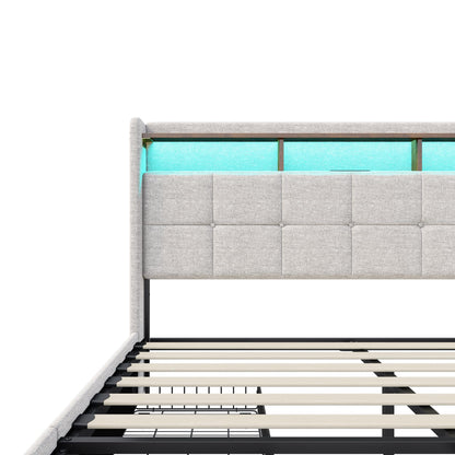 Polsterbett 140x200cm, LED Doppelbett mit 4 Schubladen, Lattenrost, Kopfteil mit Stauraum & USB, Funktionsbett, Leinen, Beige