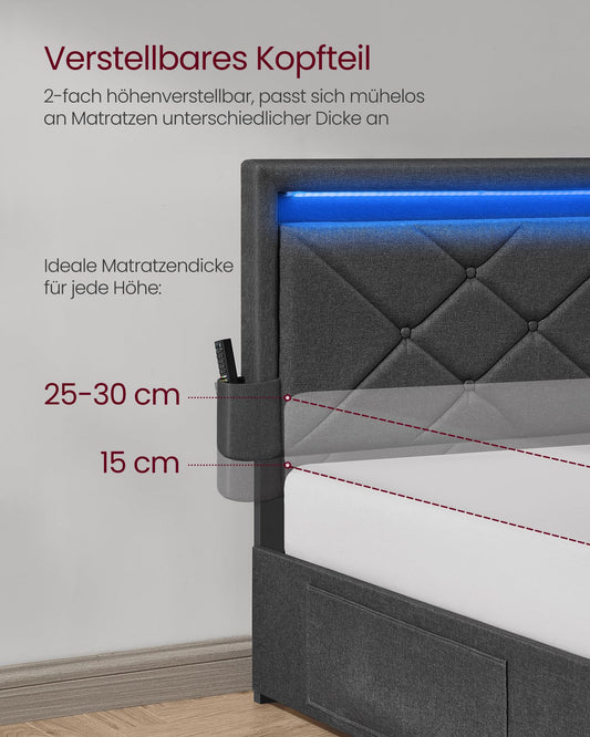 VASAGLE Doppelbett 160x200cm, LED, Metallbett, 4 Schubladen, Ladestation, verstellbares Kopfteil, gepolstert, Schiefergrau-Mattschwarz