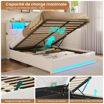 Polsterbett 140x190cm, hydraulisches Stauraumbett mit LED, USB & Type-C, Lattenrost, Leinenstoff, Doppelbett, ohne Matratze, Beige
