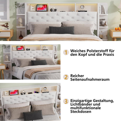 Bett mit 2 Schubladen, LED & USB, Doppelbett 160x200cm, gepolstert, Velours, Stauraum, Eisenrahmen, ohne Matratze, E Weiß