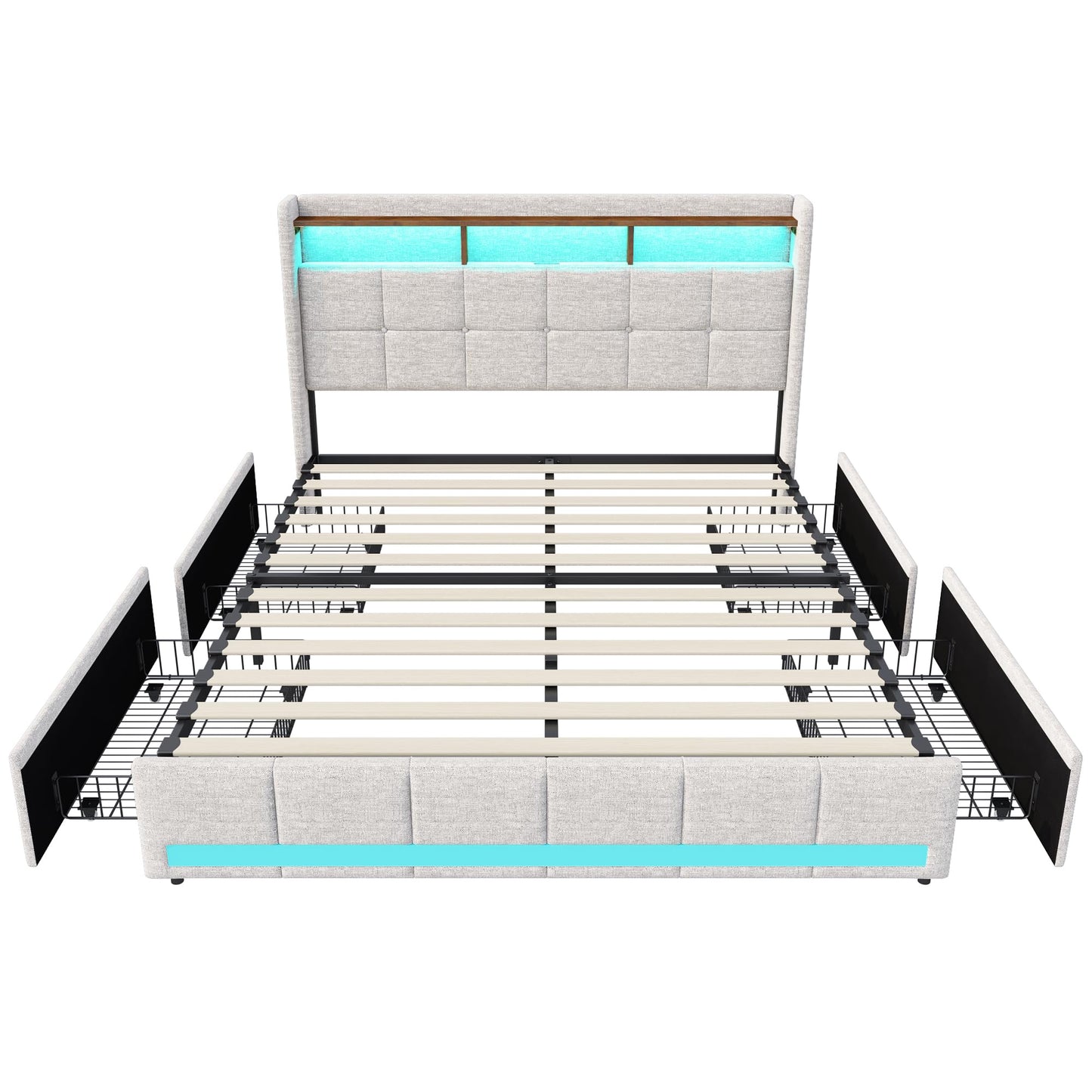 Polsterbett 140x200cm, LED Doppelbett mit 4 Schubladen, Lattenrost, Kopfteil mit Stauraum & USB, Funktionsbett, Leinen, Beige