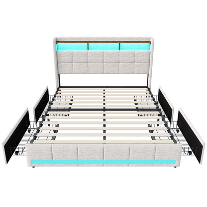 Polsterbett 140x200cm, LED Doppelbett mit 4 Schubladen, Lattenrost, Kopfteil mit Stauraum & USB, Funktionsbett, Leinen, Beige